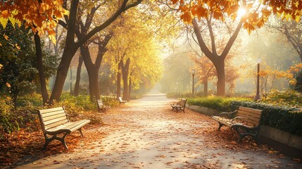 Naklejka premium A serene autumn scene of a leaf-strewn path through a tranquil park, with benches covered in colorful leaves and a soft golden light filtering through the canopy of trees overhead