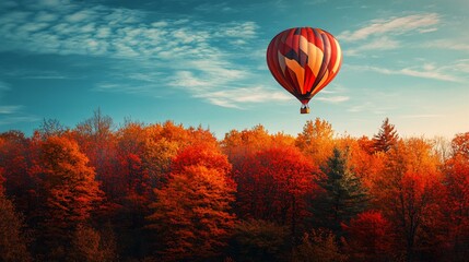 Obraz premium A whimsical autumn composition of a leaf-shaped hot air balloon floating above a vibrant fall landscape, with trees in rich hues of orange and red below and a clear blue sky above