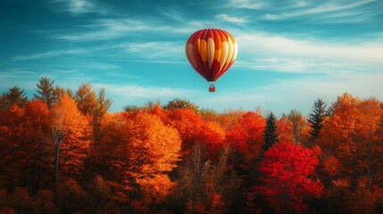 Obraz premium A whimsical autumn composition of a leaf-shaped hot air balloon floating above a vibrant fall landscape, with trees in rich hues of orange and red below and a clear blue sky above