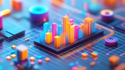 Abstract technology digital data visualization, colorful 3D city model on a circuit board background. Vibrant colors, futuristic design.