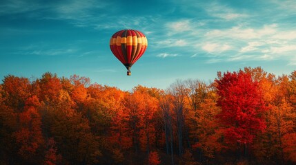 Fototapeta premium A whimsical autumn composition of a leaf-shaped hot air balloon floating above a vibrant fall landscape, with trees in rich hues of orange and red below and a clear blue sky above