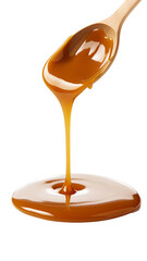 Smooth Caramel Drizzle Gliding from a Wooden Spoon onto Surface.