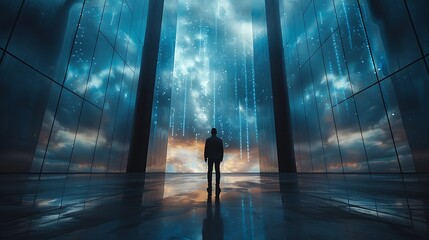 A visionary business leader standing confidently before a towering, glass-walled office building, surrounded by floating holograms of innovative ideas and strategic plans, captured in sharp,