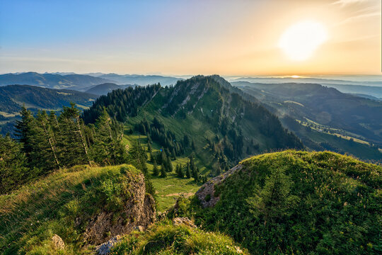 panoramic mountain landscape at sunset on the ridge of the Nagelfluh mountains chain chain near Oberstaufen, Allgaeu area, Bavaria, Germany,  - Powered by Adobe