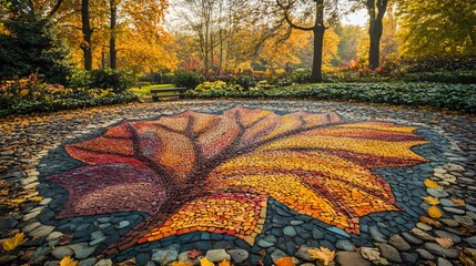 An autumn scene featuring a large leaf-shaped mosaic created from a variety of colorful leaves, displayed on the ground with a background of a park or garden in full fall bloom