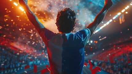 Fototapeta premium An athlete standing proudly on the top step of a podium, holding a gold medal high, with a cheering crowd in the background, vibrant spotlights illuminating the scene,