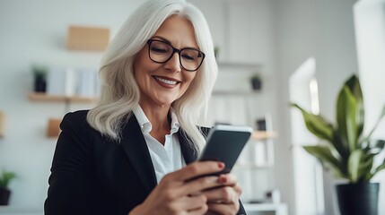 Fototapeta premium A smiling older woman with long silver hair and glasses is engaging with her smartphone in a bright, modern office setting, exuding confidence and positivity.