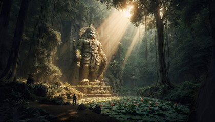 Huge statue of Lord Hanuman in mysterious forest 