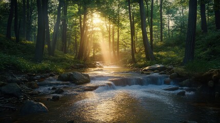Obraz premium Golden Sunlight Streaming Through Forest Trees Illuminates a Tranquil Waterfall and River.