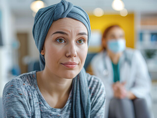 Determined Young Woman Discussing Cancer Treatment with Oncologist in Bright Clinic Setting