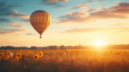 Obraz premium A hot air balloon floating over a sunflower field at dawn, with the warm colors of summer lighting up the scene