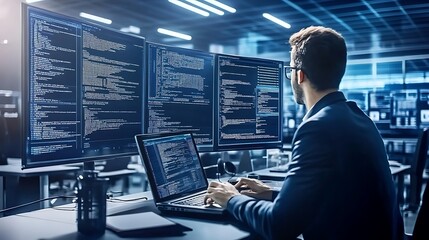 A focused male professional, possibly Caucasian, working on multiple screens displaying code in a modern, dimly-lit office environment.
