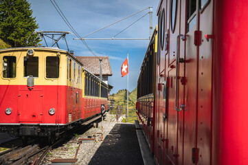 Obraz premium Trains in the terminus station Schynige Platte in Switzerland