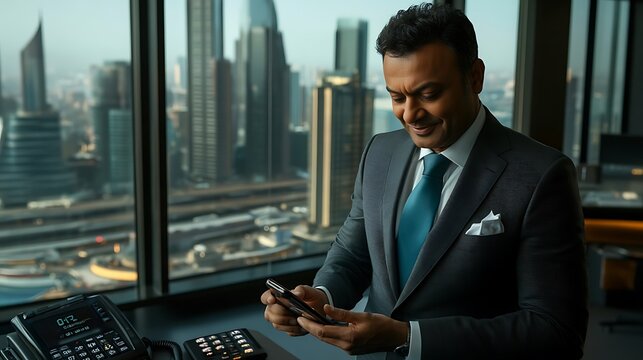 A South Asian man in a tailored suit smiles while using his smartphone in a modern high-rise office overlooking the city skyline. - Powered by Adobe