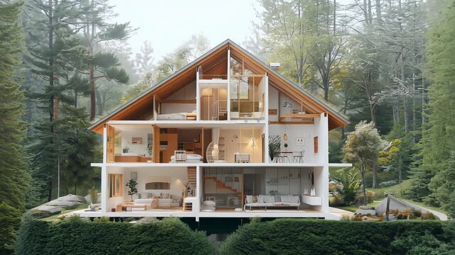 house with cross section doll house style showing interior rooms