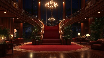 Obraz premium Grand staircase with a red carpet runner leading up to a chandelier in a luxurious hotel lobby at night.
