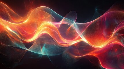 Abstract Red and Blue Glowing Waves with Sparkle Effect on Black Background.