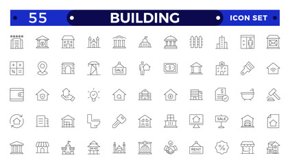 Building web icons in line style. Hotel, hospital, apartment, city, town house, mall, coffee, collection.