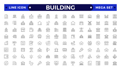 Building web icons in line style. Hotel, hospital, apartment, city, town house, mall, coffee, collection.