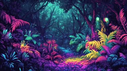 Vibrant Neon Jungle Path - Fantasy Forest Digital Art.