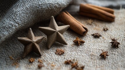 A trio of star-shaped spices, displayed on a piece of fabric, creating a warm and inviting scene with a focus on their detailed forms.