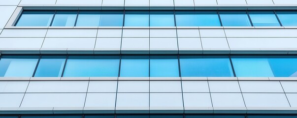 Fototapeta premium Close-up view of modern building windows reflecting blue sky, showcasing sleek architecture and contemporary design elements.
