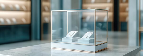 Elegant jewelry display showcasing luxurious rings in a modern glass case inside a stylish boutique.