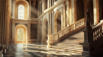 Obraz premium Sunbeams Illuminating Grand Staircase in Ornate Palace Interior.