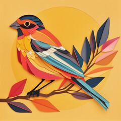 Fototapeta premium Colorful paper bird with autumn leaves on a yellow background