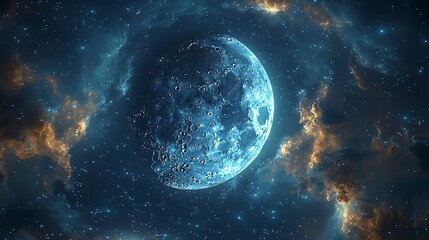 Obraz premium A dreamy crescent moon with closed eyes and a tiny yawn, floating quietly in a dark blue sky, surrounded by a few softly glowing stars, the moonlight creating a calm and tranquil atmosphere,