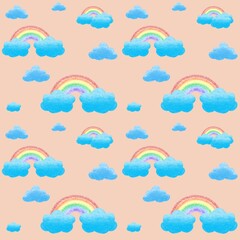 Rainbow and cloud seamless pattern on orange background