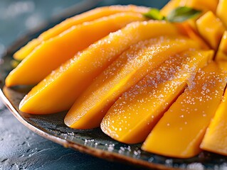 Close up of Mouthwatering Mango Slices Artfully Arranged on a Plate Highlighting the Rich Color and Juicy Texture