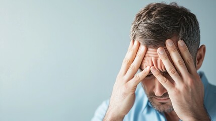 Fototapeta premium Man with gray hair holding his head in stress while sitting against a light background.