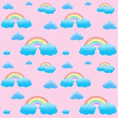 Rainbow and cloud seamless pattern on pink background