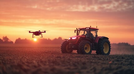 Fototapeta premium Autonomous agriculture vehicle and drone self driving, 5G technolohy with smart farming concept