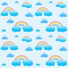 Rainbow and cloud seamless pattern on blue background