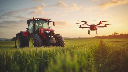 Obraz premium Autonomous agriculture vehicle and drone self driving, 5G technolohy with smart farming concept