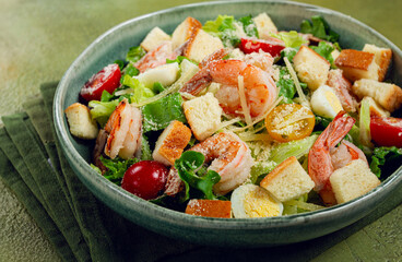 caesar salad, with tiger prawns, shrimp salad, lettuce, quail eggs, cherry tomatoes, parmesan cheese, no people,
