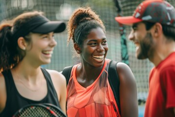 Diverse group of friends talking after playing padel