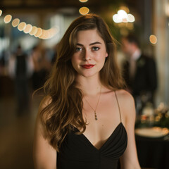 Fototapeta premium Young woman in a black dress at an evening event