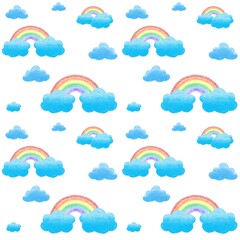 Rainbow and cloud seamless pattern on white background