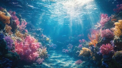 Fototapeta premium Vast underwater landscape with contrasting textures of rocky outcrops and soft coral gardens, capturing the diverse and rich environments of the sea