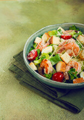 caesar salad, with tiger prawns, shrimp salad, lettuce, quail eggs, cherry tomatoes, parmesan cheese, no people,