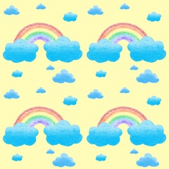Rainbow and cloud seamless pattern on yellow background