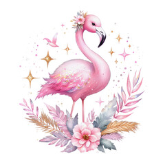 Naklejka premium Flamingo with pink glitter and flower shiny clipart transparent background