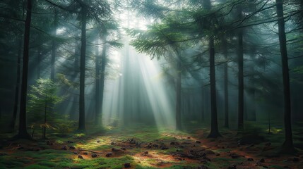 Obraz premium Mystical Sunbeams Illuminating a Foggy Forest Path.