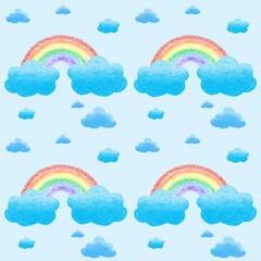 Rainbow and cloud seamless pattern on blue background
