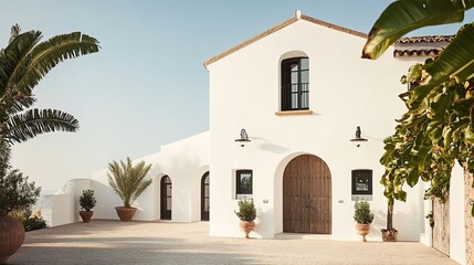 A white building with a prominent archway and a wooden door, combining modern design with classic elements.