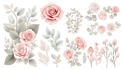 A collection of floral elements featuring pink roses and leaves for design purposes. isolated on white background isolated on white background. transparent background