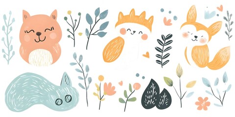 Cute Boho Woodland Clipart featuring whimsical forest animals and nature-inspired elements in a soft, bohemian style.